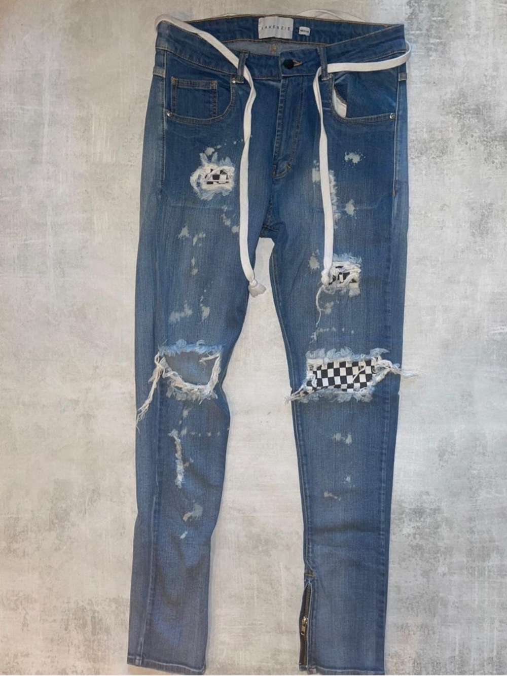 Lakenzie blue jeans with distressed & Checkerboard pattern